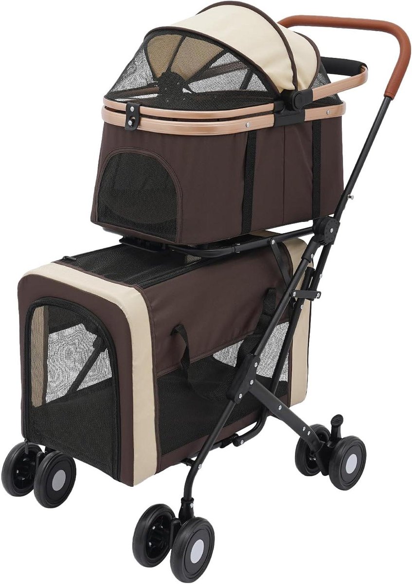 Opvouwbare Huisdierenwagen - Dubbele Reismand - Comfortabel Vervoer - Twee Verdiepingen - 46 x 58 x 97 cm - Koffiekleur