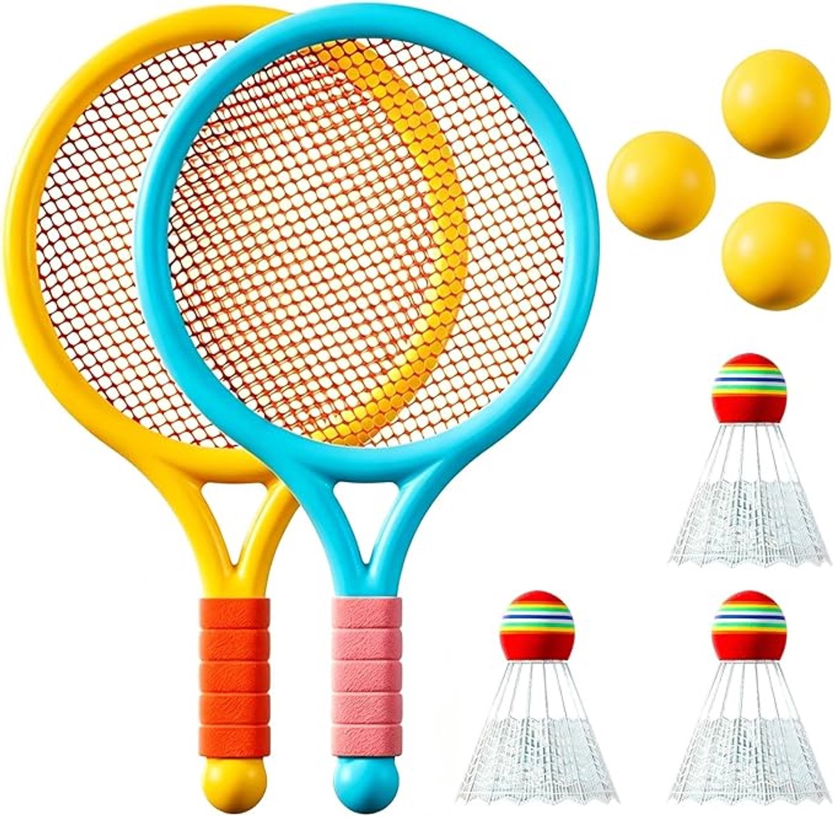 Badmintonset voor kinderen - Kindertennisset - Inclusief 3 trainingsballen en 3 badmintonshuttles - Schokbestendig en lichtgewicht - Tennis - Badminton - Geschikt voor binnen- en buitensporten - Blauw-Geel