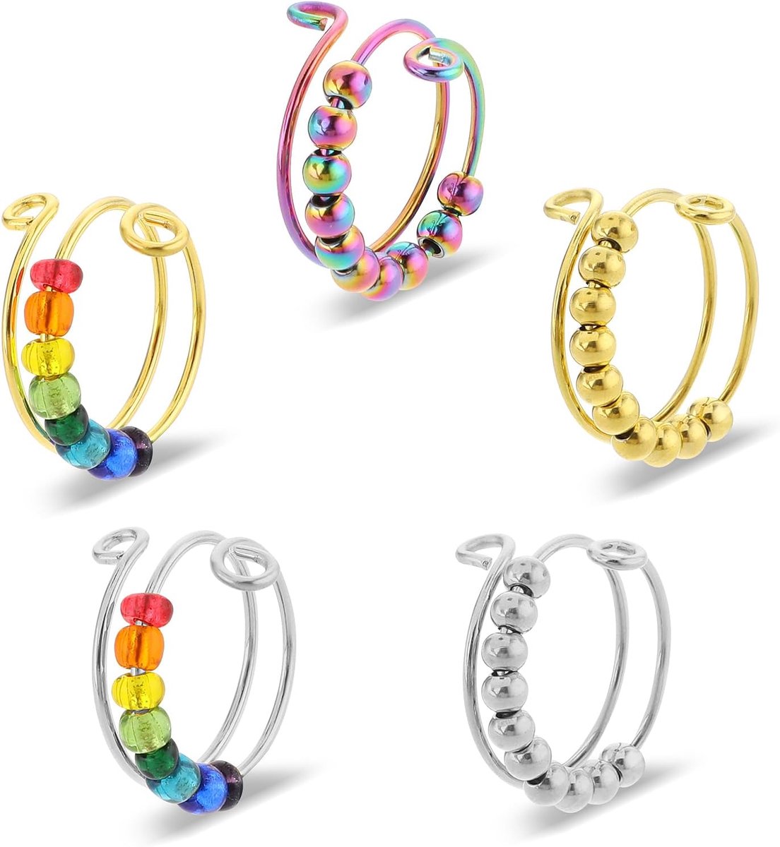 5-delige anti-stress-ringenset, verstelbare angstring, anti-stress ringen en efficiënte verlichting van angst, met parels, voor meisjes en vrouwen, angst