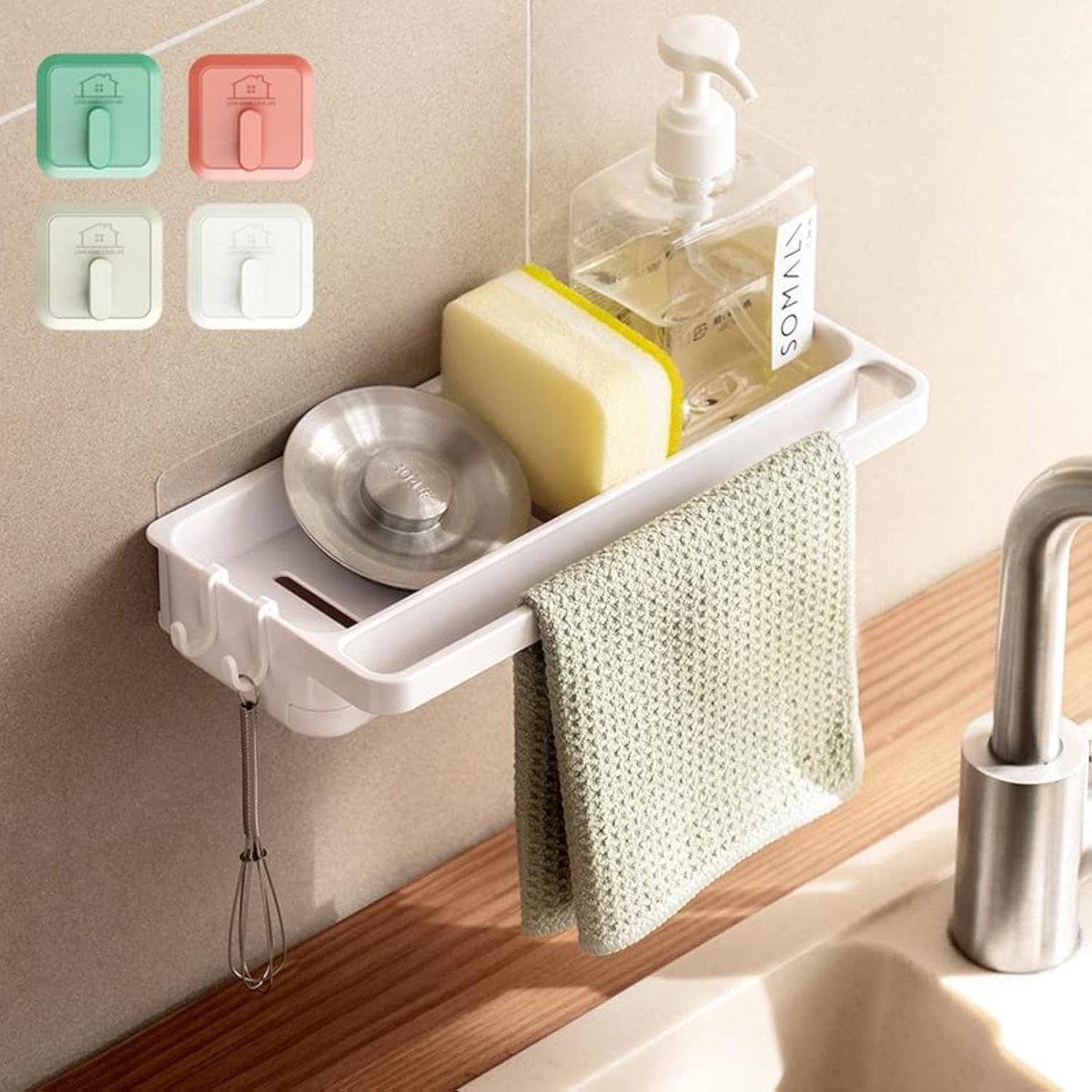 Omgoods - Witte Sponshouder met 4 Haken voor de Keuken