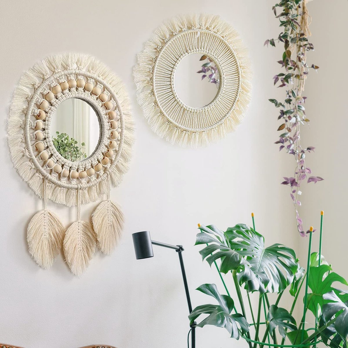Omgoods - Set van 2 Wandspiegels met Geweven Rand voor Interieurdecoratie