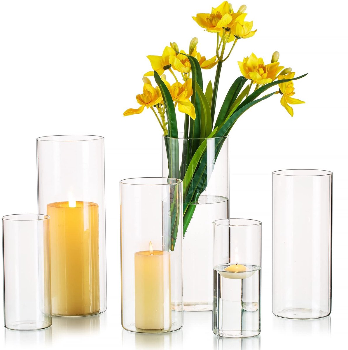 Omgoods - Set van 6 Transparante Glazen Vazen voor Bloemen en Kaarsen