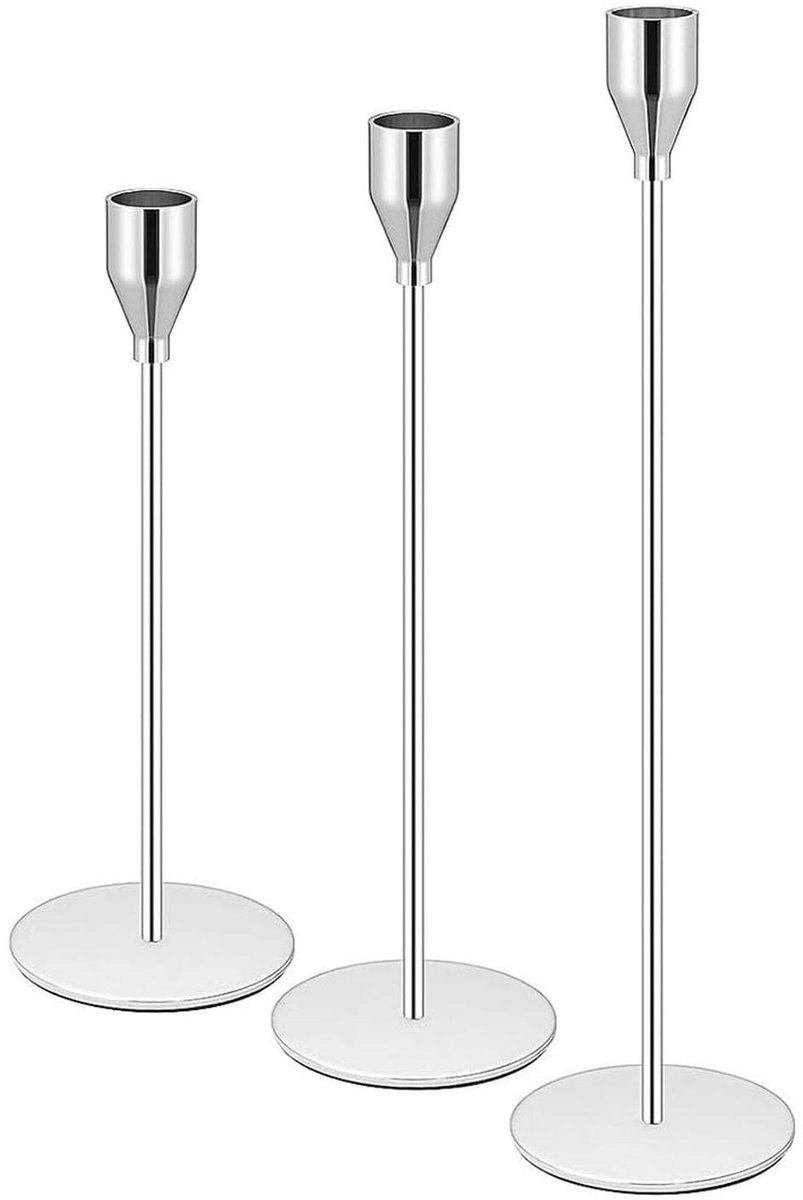 Omgoods - Set van 3 Decoratieve Kaarsenhouders voor Tapkaarsen in Zilver/Zwart