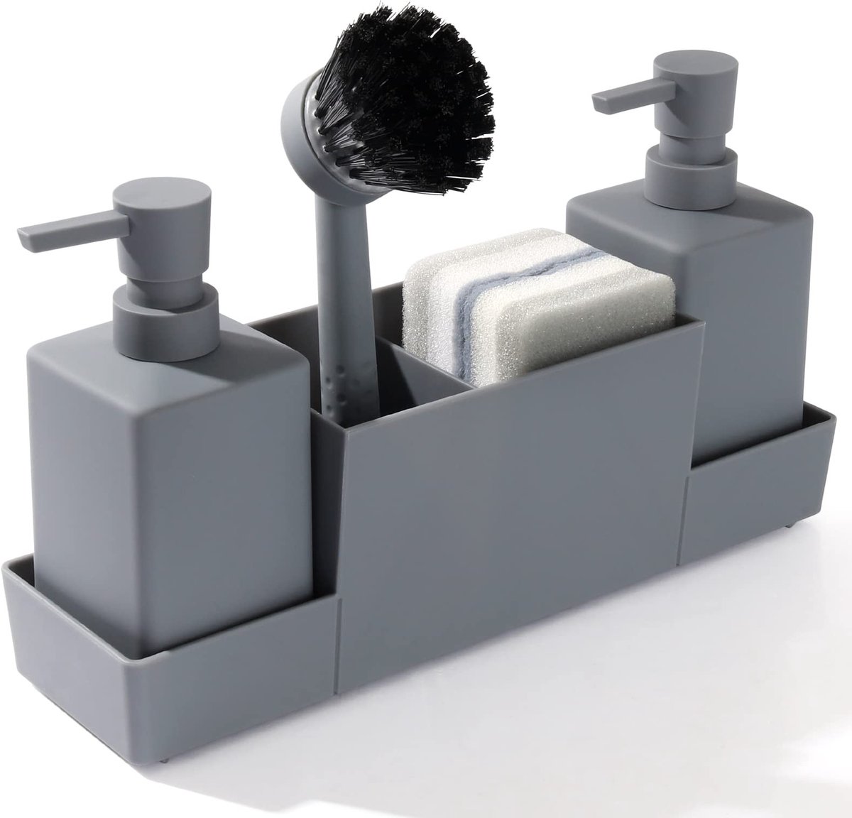 Omgoods - Keuken Zeepdispenser met Sponshouder en Tray, Grijs