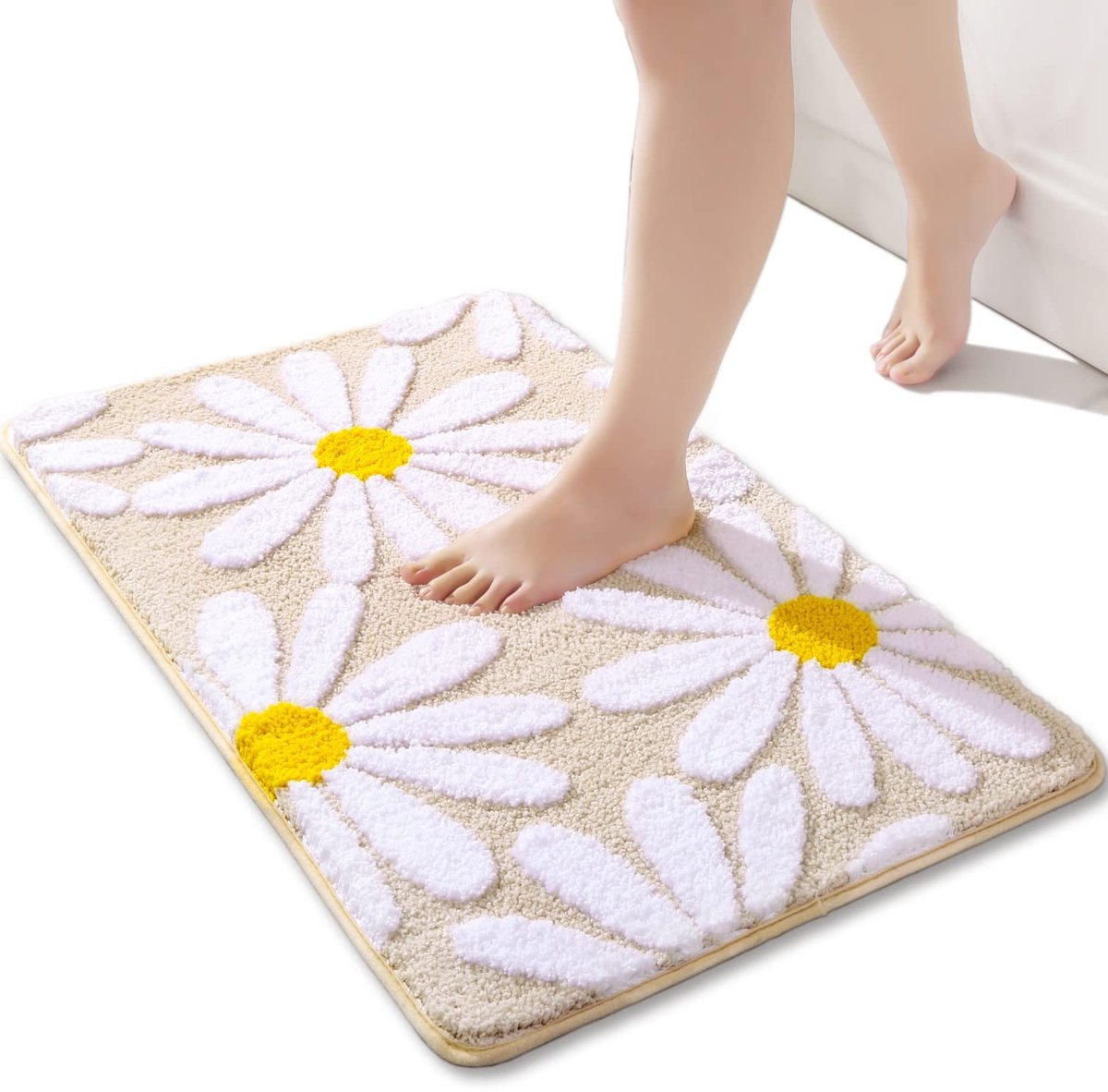 Omgoods - Beige Badmat met Madeliefjes, Antislip en Wasbaar