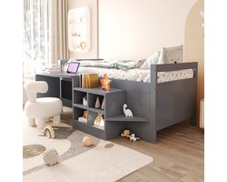 COVREO Kinderbed 90x200 cm grijs, hout en MDF met bureau en opbergruimte