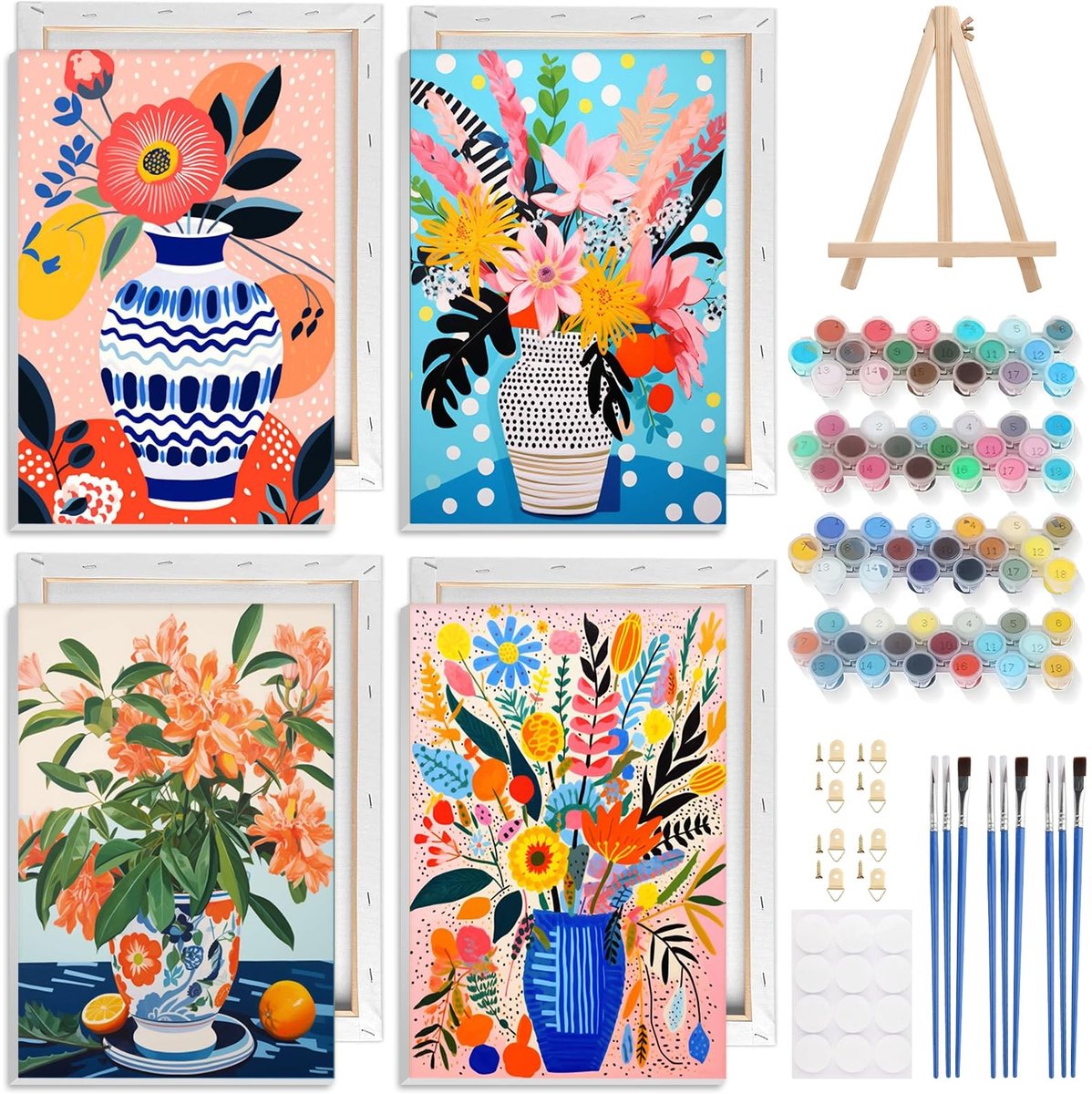 Omgoods - 4 Stuks Schilderen op Nummer Kit met Bloemen in Lijsten