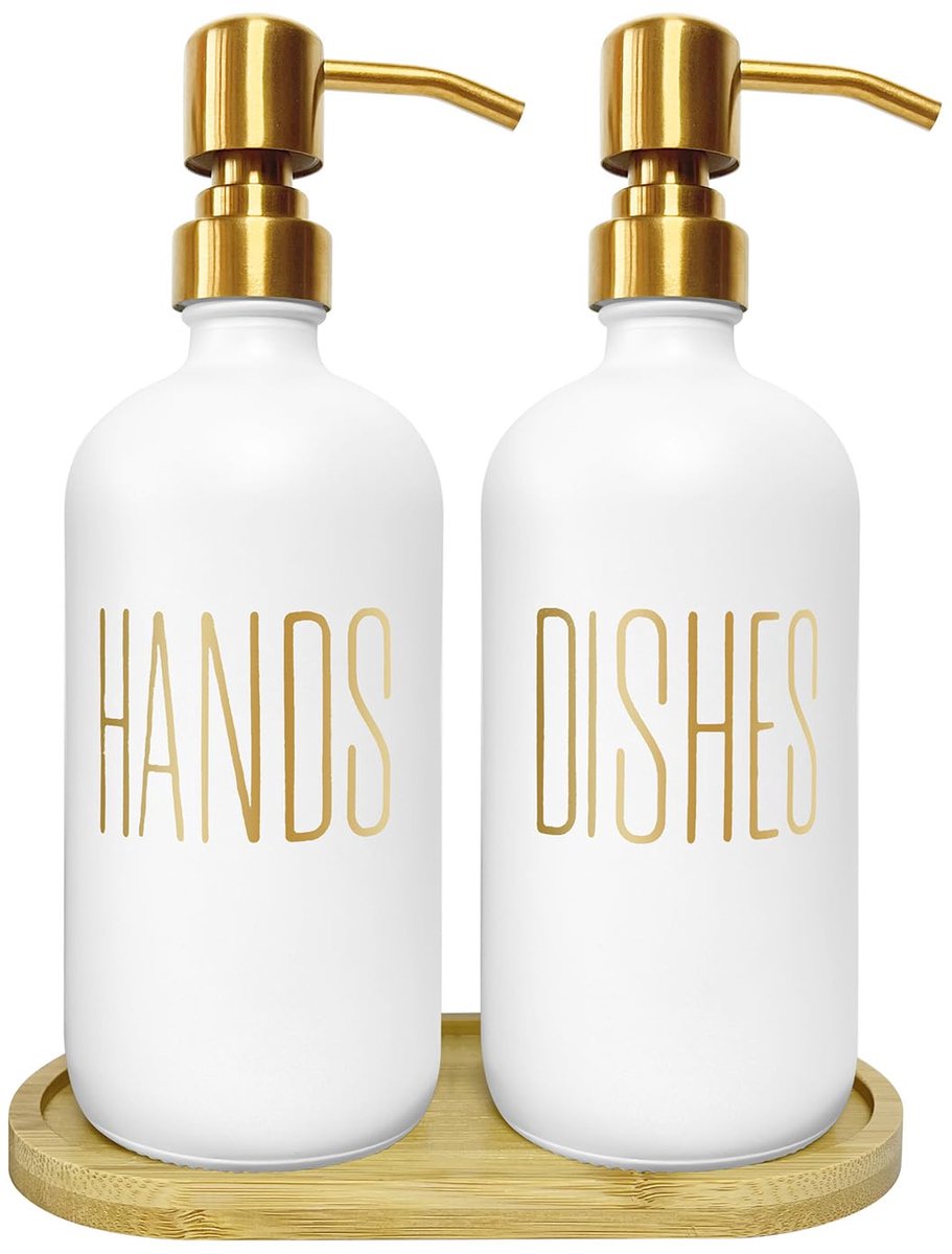 Omgoods- Zeepdispenserset Elegante Boerderij/Modern Ontwerp - Witte Glazen Flessen - Gouden Roestvrijstalen Pompen - Bamboe Dienblad - 17oz/480ml Inhoud - Zeepflessen