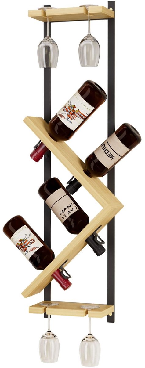 Omgoods - Yorbay Wandgemonteerde Houten Flessenhouder met Glazenhouder - Slank Ontwerp voor 4 Flessen