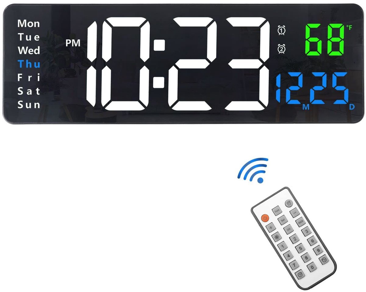 Omgoods - Digitale wandklok - Grote cijfers - Met afstandsbediening - 40,5 cm - Dimming en alarm - Voor binnengebruik - Zwart