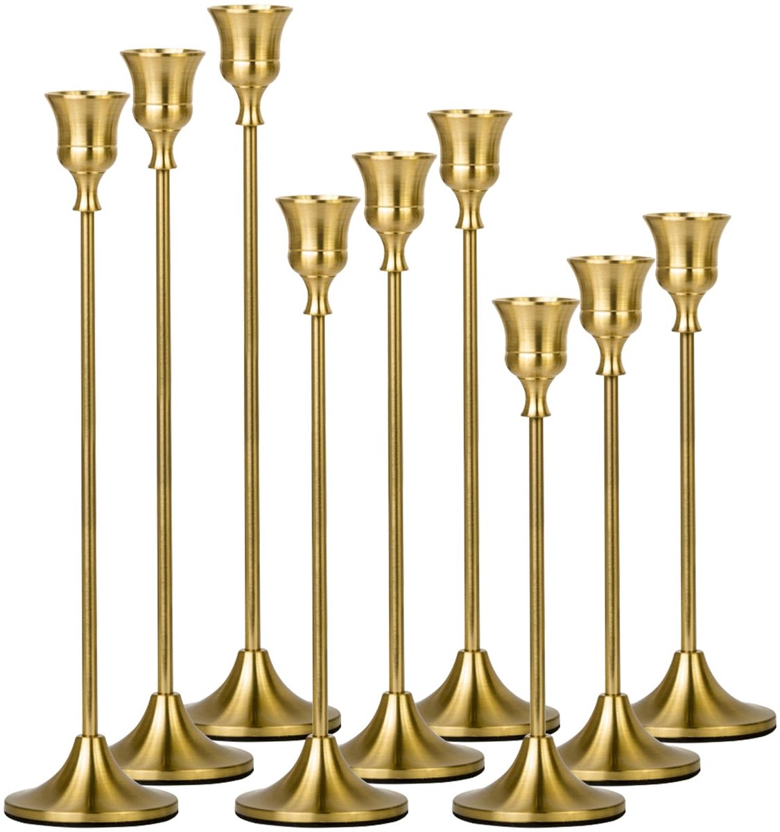 SnelShoppen - Set van 9 Kandelaars voor Staafkaarsen, Moderne Vintage Kaarsenstandaards in 3 Hoogtes (19,5/23,3/27,2 cm), Metalen Kegelkaarslampen voo