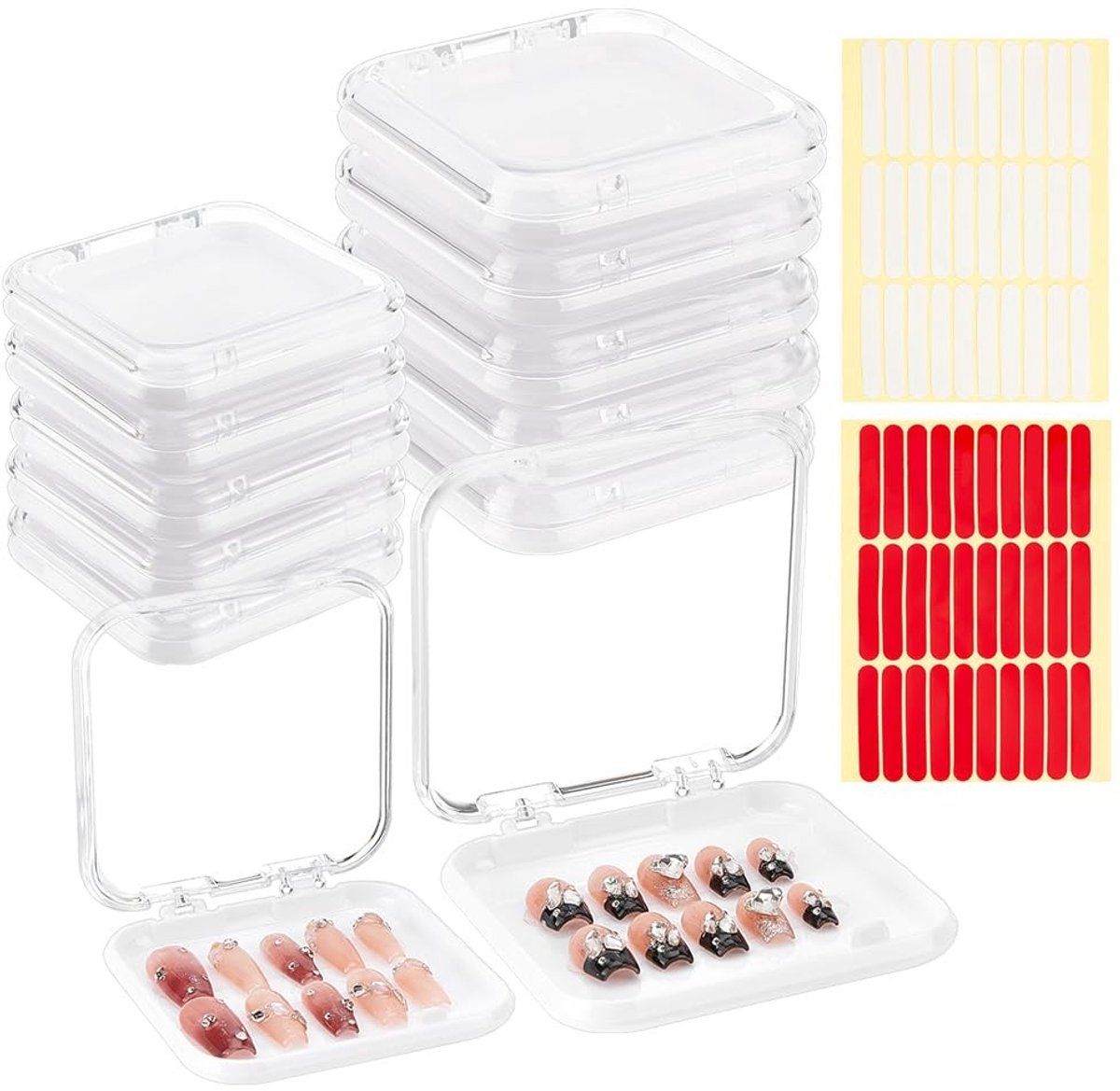 Omgoods- Nageldozen 20 Stuks - Kunststof - Displayopbergdozen - Plakband 60 Stuks - Perfect voor Nagels/Wimpers/Sieraden - Maat 1: 7,7 x 7,5 x 1,6 cm - Opbergdozen