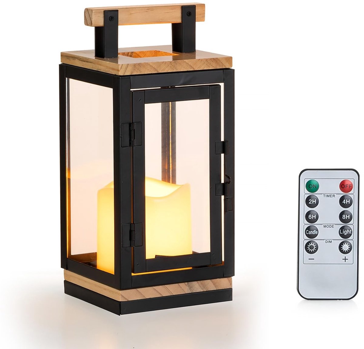 Omgoods - Houten Lantaarn voor Binnen met LED Pilaren en Afstandsbediening