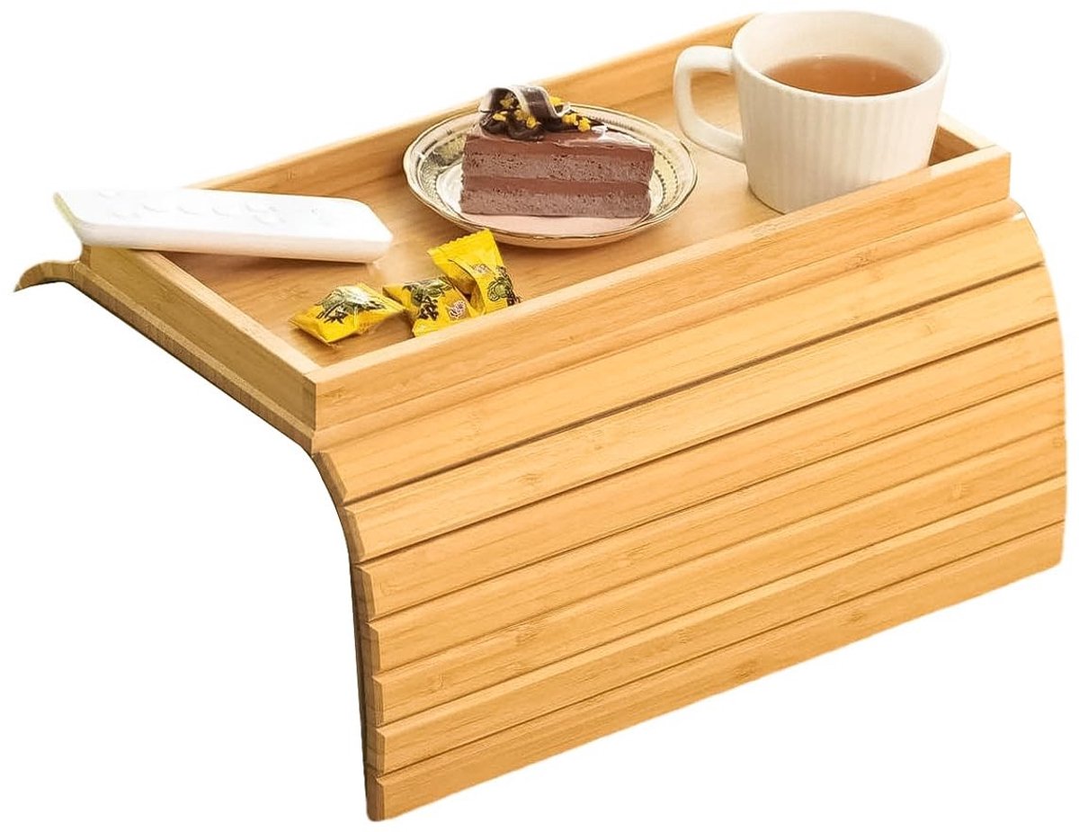 Omgoods- Bijzettafel Verstelbaar - Bamboe Sofa Dienbladtafel - Antislip Achterkant - Armleuningtafel - Ideaal voor Drankjes en Snacks
