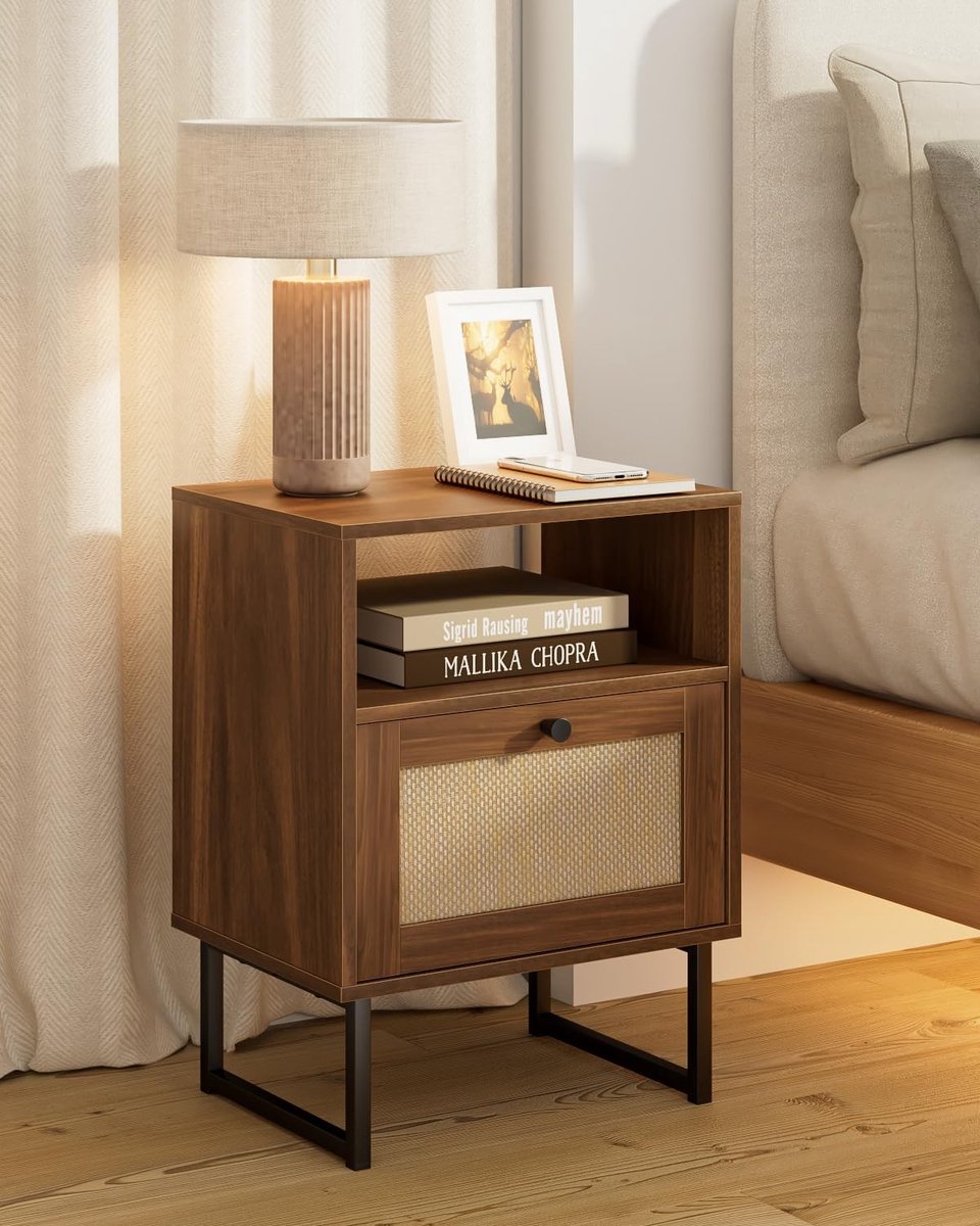 Omgoods - Kleine Rieten Bedside Table met Lades voor Slaapkamer en Woonkamer