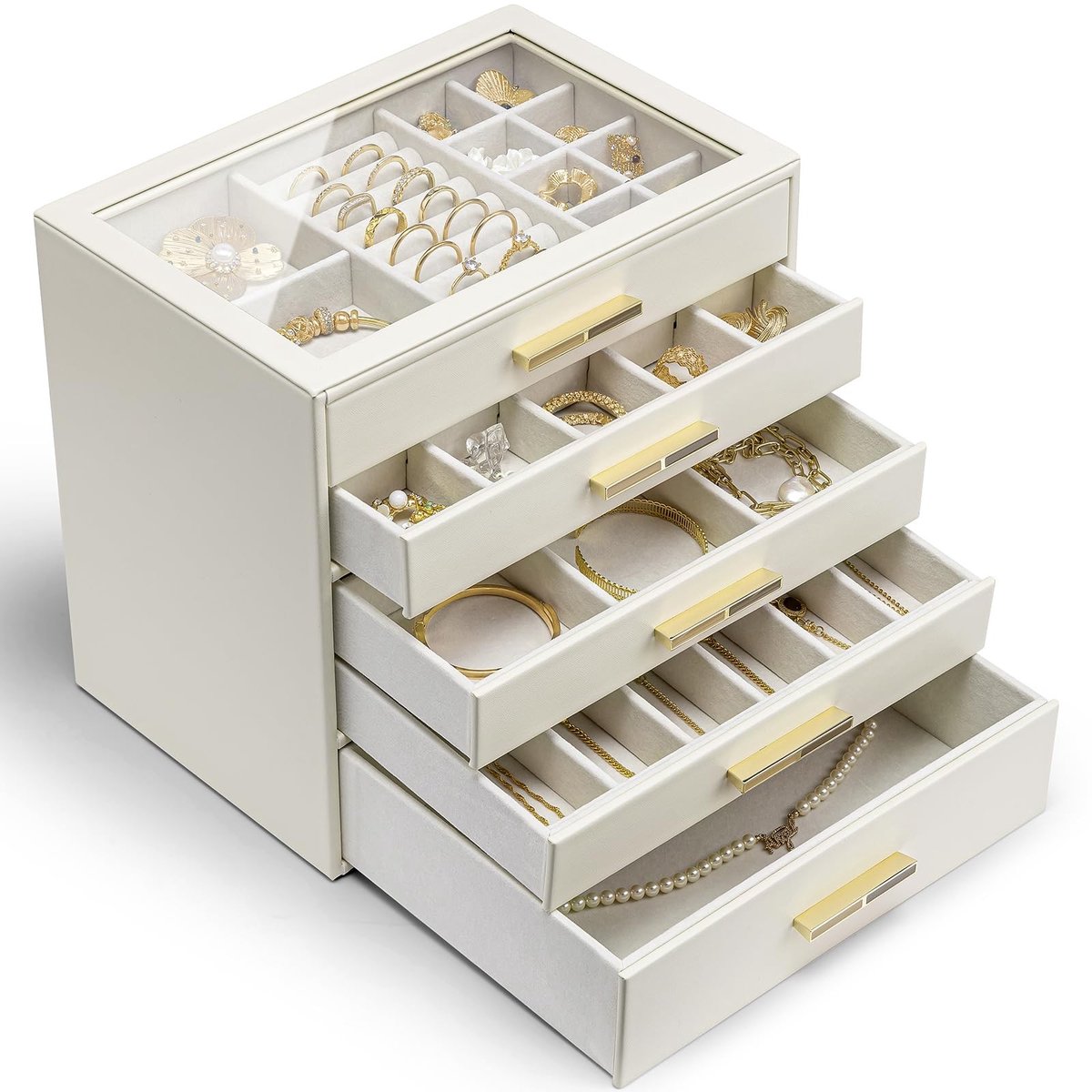 Omgoods - Sieradendoos met 5 Niveaus, Organizer voor Sieraden met Glazen Deksel