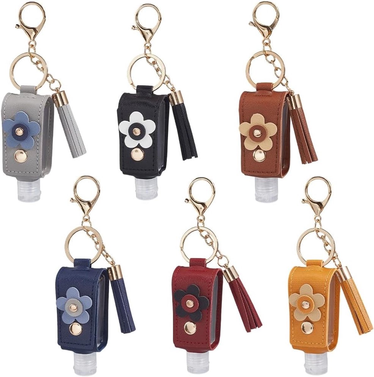 Omgoods- Hand Sanitizer Sleutelhanger 30ml - 6 Stuks - Draagbaar - Imitatieleer - Kleurrijke Bloem - Voor Toilettas - Desinfectiefles
