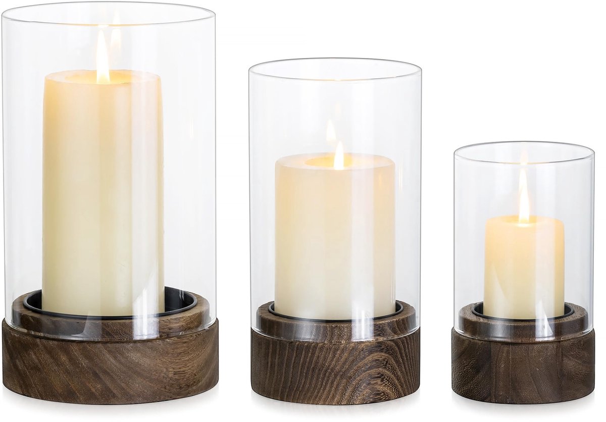 Omgoods - Set van 3 Vintage Glazen Lantaarns met Houten Basis voor Buiten