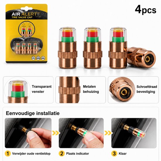Bandenspanning Ventieldopjes - 4 Stuks - 3-Kleuren Bandenspanningsindicator - 2,4 Bar - Voor Standaard Autoventielen — afbeelding 4