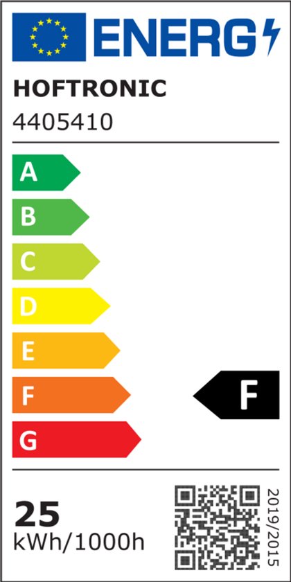 Energie-etiket van HOFTRONIC, productnummer 4405410, met energieklasse F en een verbruik van 25 kWh/1000h.