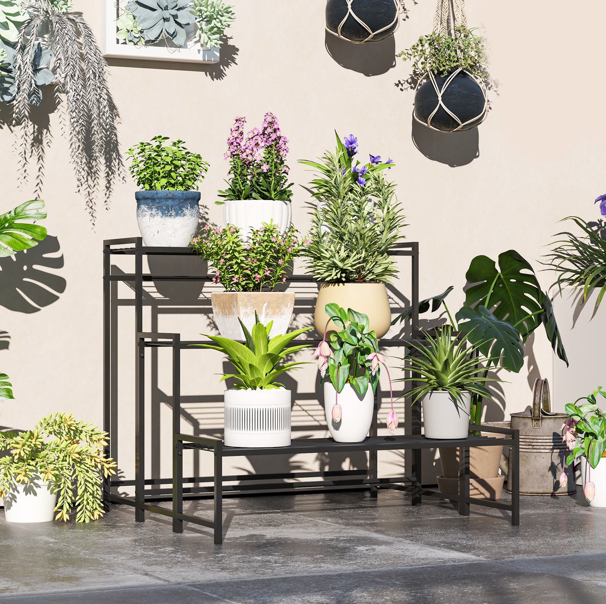 COVREO Plantenstandaard 75 x 70 x 66 cm, zwart, metaal, 3 etages