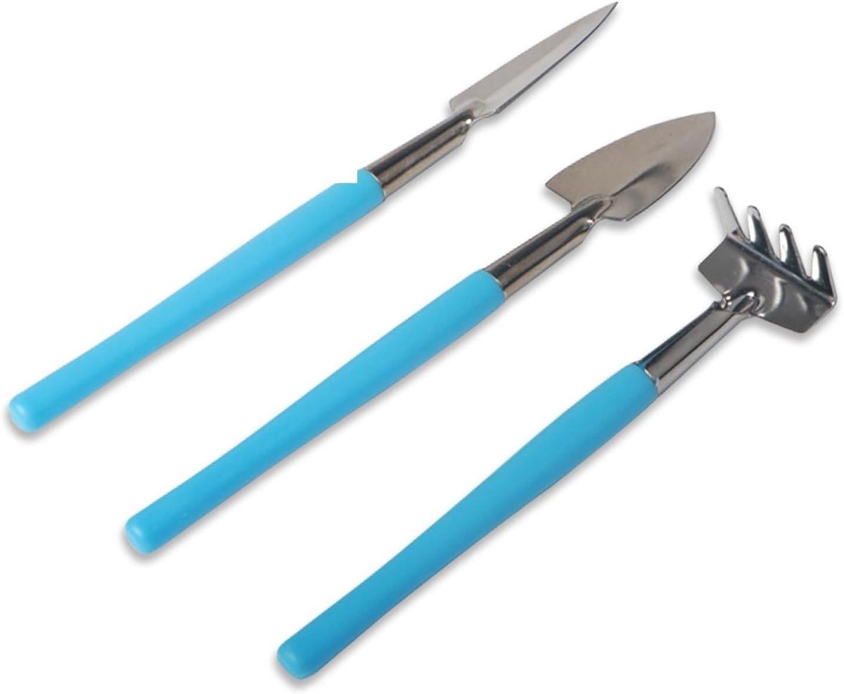SnelShoppen - 3-delige Mini Tuin Gereedschap Set, RVS Tuingereedschap Schep, Hark, Spade voor Succulenten, Potplanten, Bloemen (Blauw)