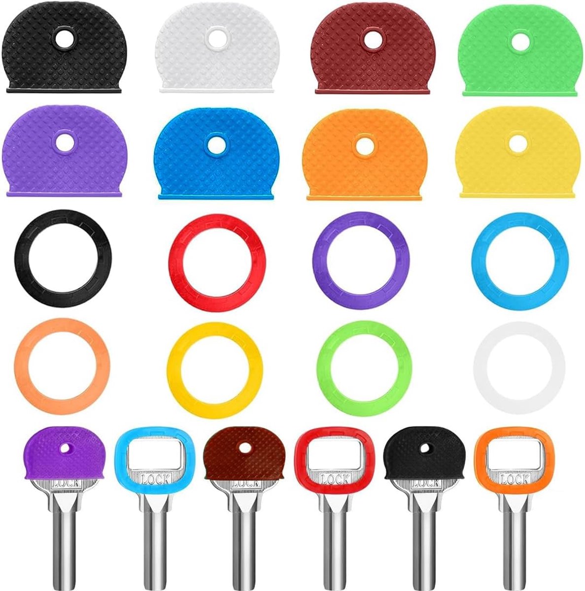 SnelShoppen - 16 Stuks Sleutelhuls Set in 8 Kleuren, Identificatie voor Plastic Sleutels, Kleurcodes, Sleutelhoesjes voor Huissleutels, Twee Stijlen