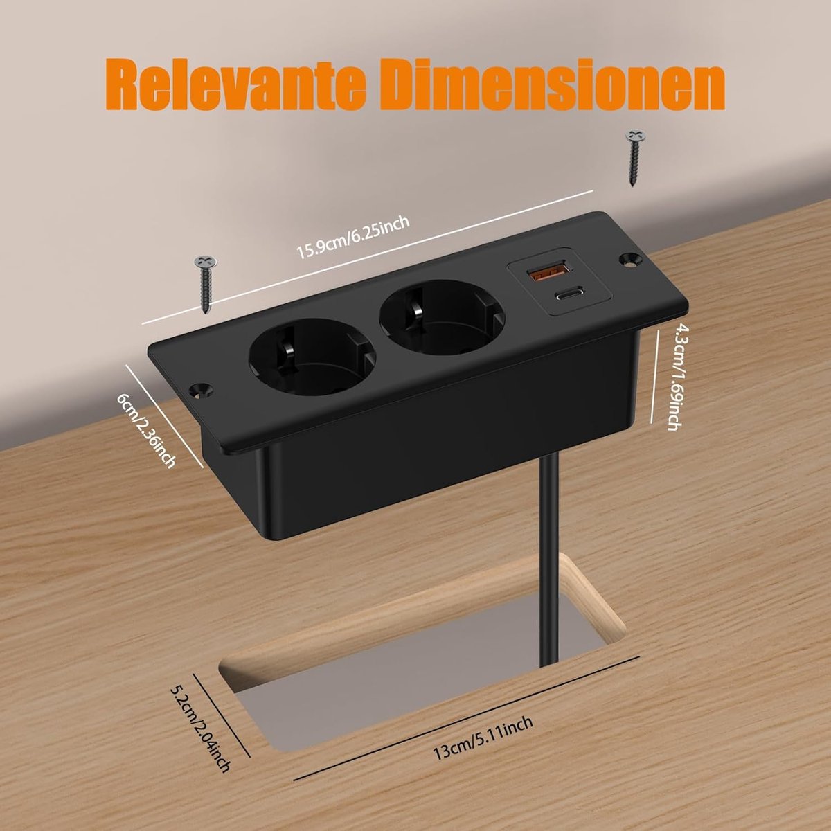 SnelShoppen - Tafelblad inbouwstopcontact met USB en type C, intrekbaar stekkerdoos met 2 meter kabel, zwarte tafelstopcontact voor werkbladen, dubbel