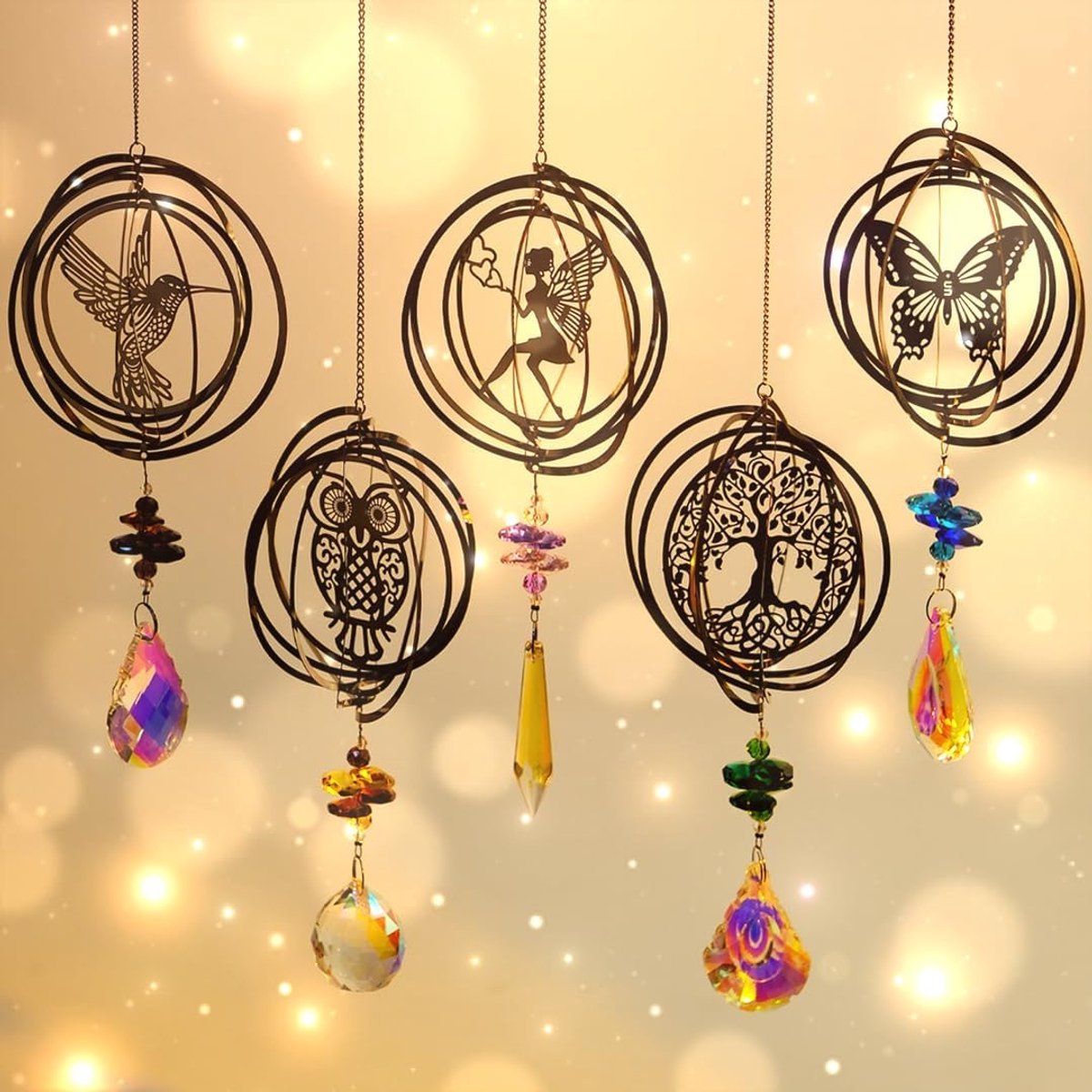 SnelShoppen - Crystal Zonvangers Set van 5 Uilen Boom Kolibrie Vlinder Fee Kristal Hanger voor Glas Zonvanger Prisma Decoratie voor Tuin en Binnen