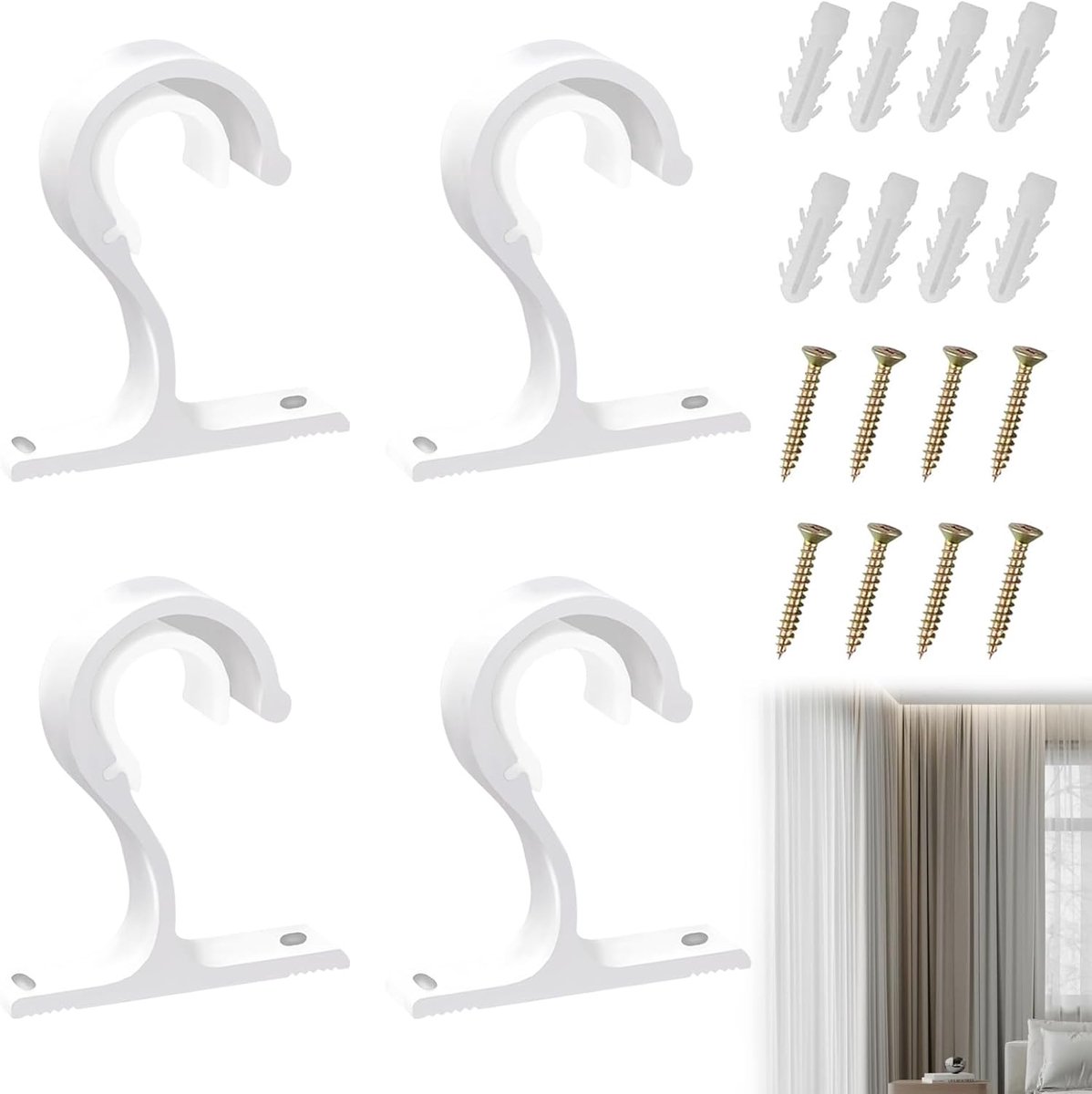 SnelShoppen - 4 stuks gordijnroede houders, gordijnhaken voor roedes van 25 tot 28 mm | Robuuste Aluminium Legering Houders met Schroeven voor Gordijn