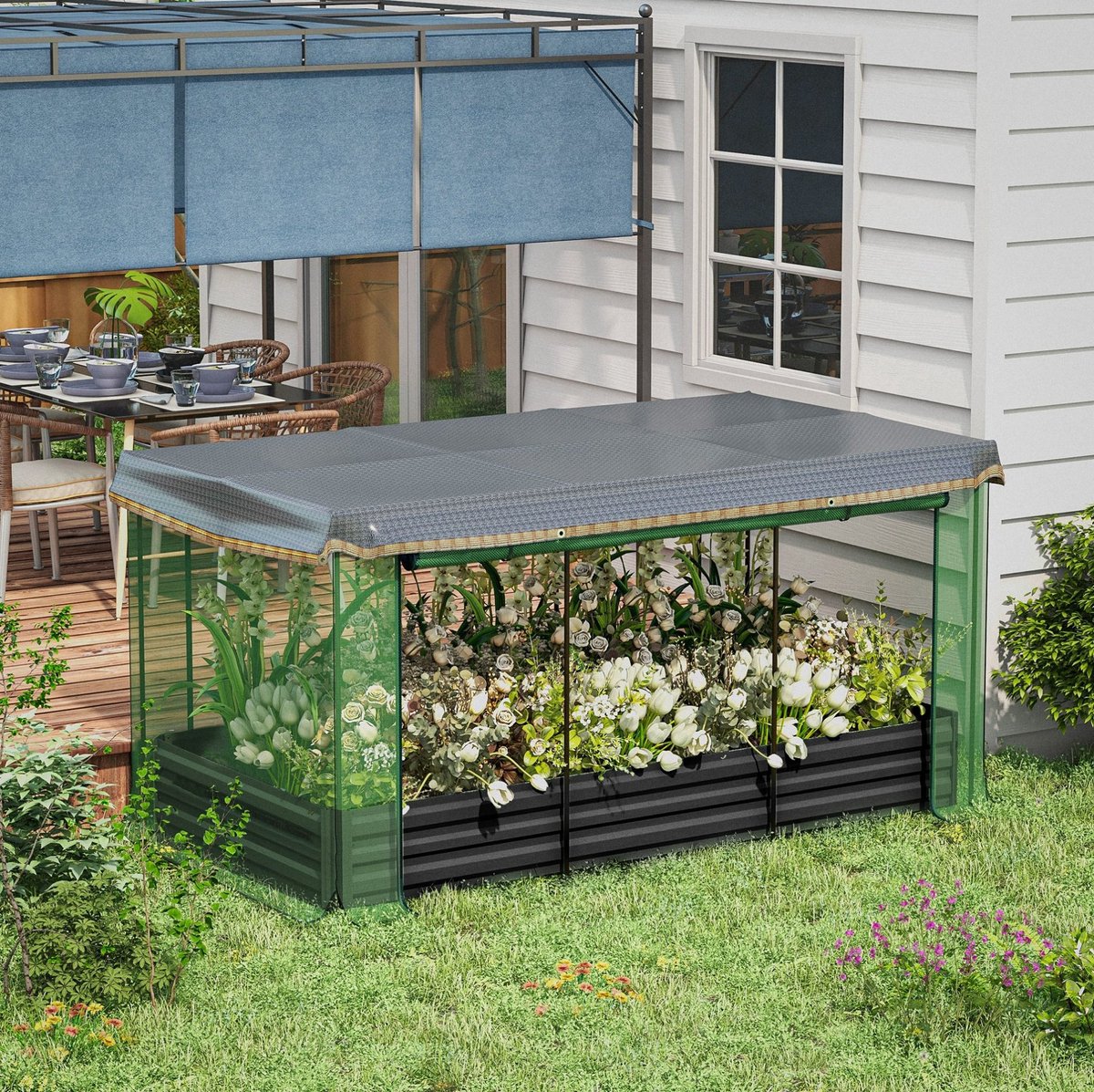 COVREO Moestuinbak 230x110x110 cm donkergrijs, staal met vogelnet