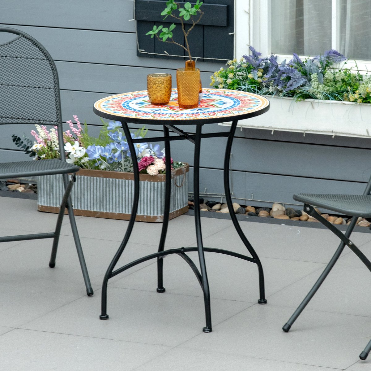 FloraGrace Tuintafel - Rond Mozaiekontwerp Met Keramische Blad En Stevig Metalen Onderstel - Voor Tuin En Balkon - Rood Blauw Wit - 60 Cm