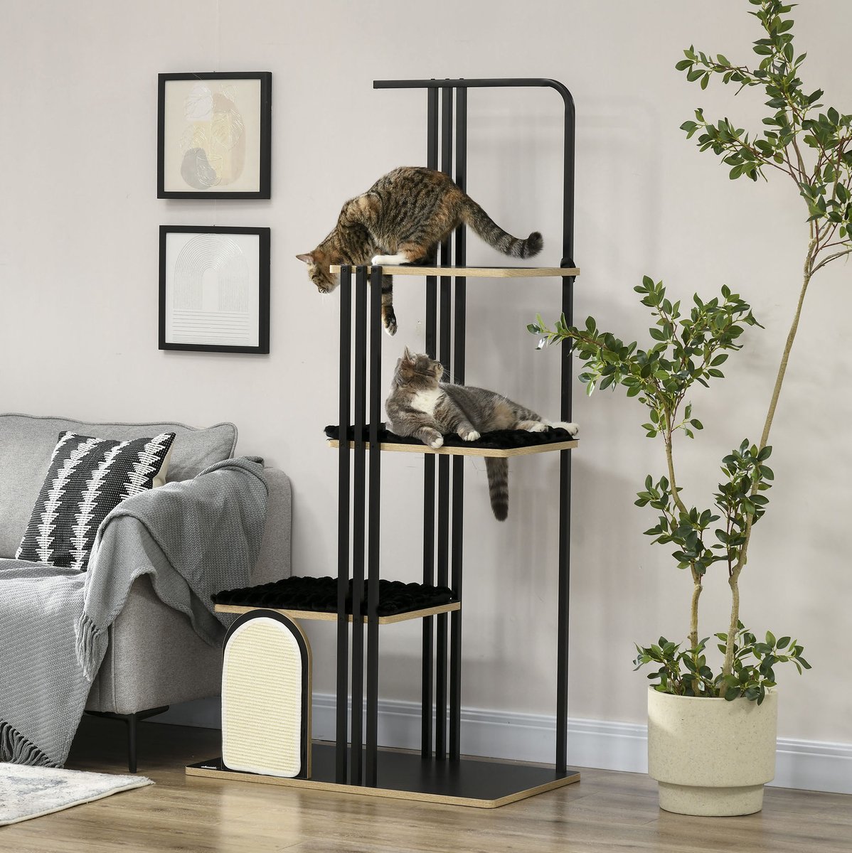 COVREO Krabpaal 170 cm zwart, van hout en metaal met 3 platforms