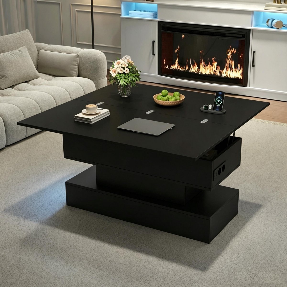 FloraGrace Salontafel - Hoogteverstelbare Tafel Met LED En Verborgen Opbergruimte - Voor Woonkamer En Werkplek - Spaanplaat - Zwart - 100x50x51,5 Cm