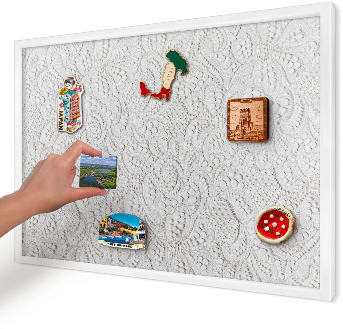 Artprintcave Wit Magneetbord mit Witte Lijst - 60x40 cm - Opengewerkte Elegantie Magneet Bord mit Frame - Minimalist Magneetbord Voor Keuken - Texturen