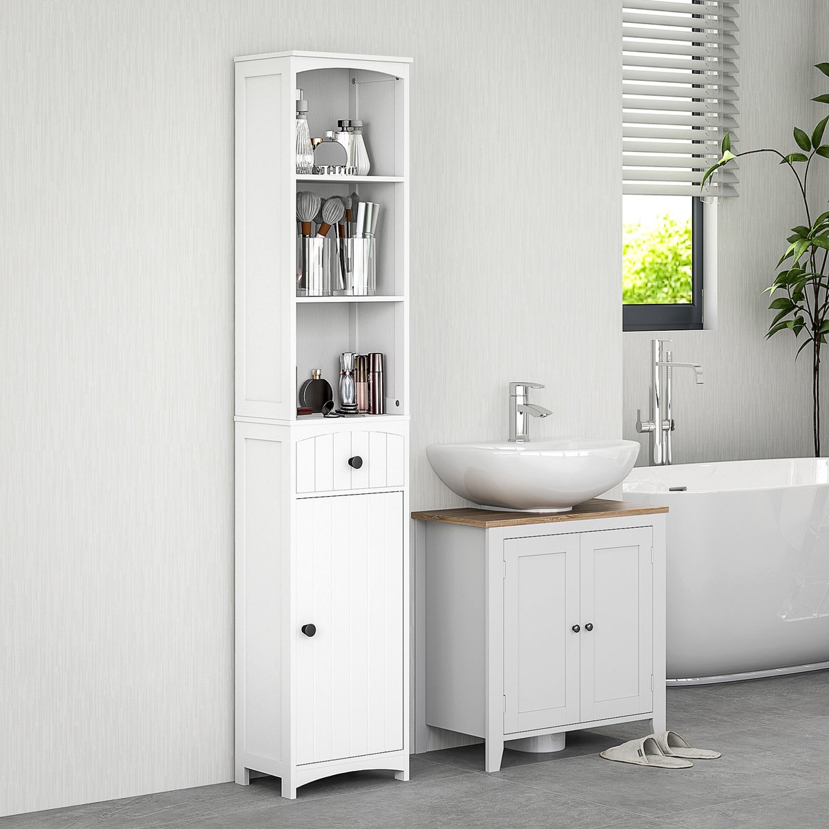COVREO Kast 34x24x170,5 cm wit, MDF met 3 planken en 1 lade