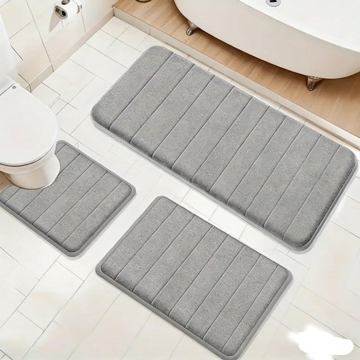 SnelShoppen - 3-delige Badmat Set, Antislip en Absorberend, Wasbaar, Zacht en Sneldrogend, Badkamer Tapijt voor Douche, Toilet en Badkuip (Licht Grijs