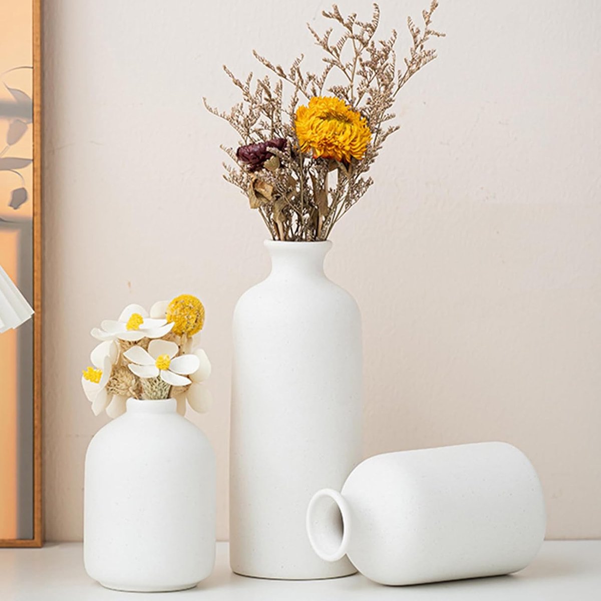 SnelShoppen - Set van 3 Kleine Keramische Vazen voor Decoratie, Minimalistische Tafeldecoratie, Vaas voor Pampasgras, Bloemenvaas voor Woonkamer en Sl