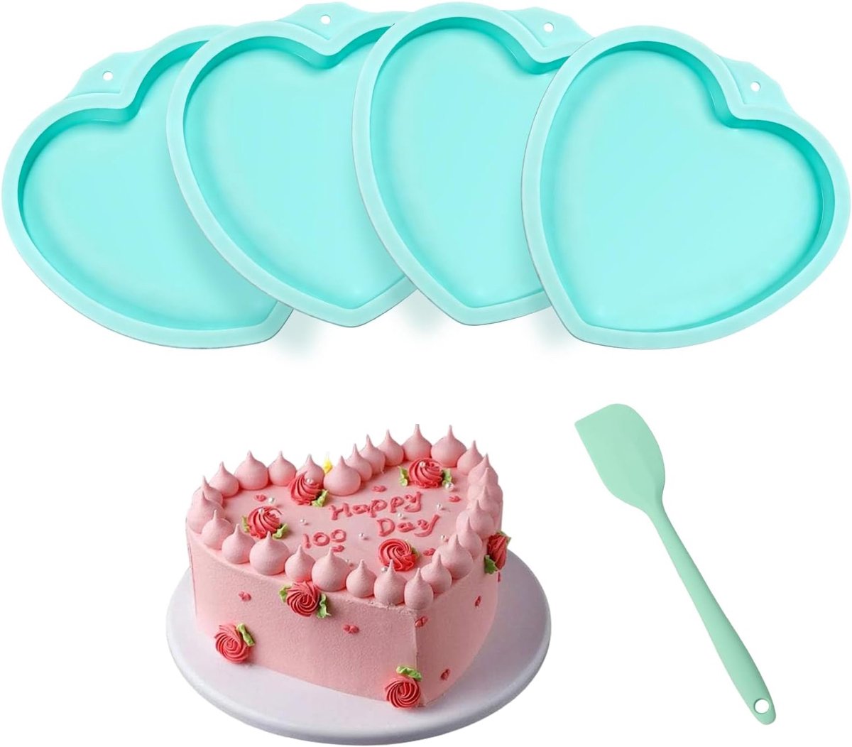 SnelShoppen - 4 Stuks Silicone Cake Vorm Hartvormige Silicone Mallen voor Taart Regenboogvorm 20cm met Spatel voor Taartbereiding, Gebak, Pancakes, Ch