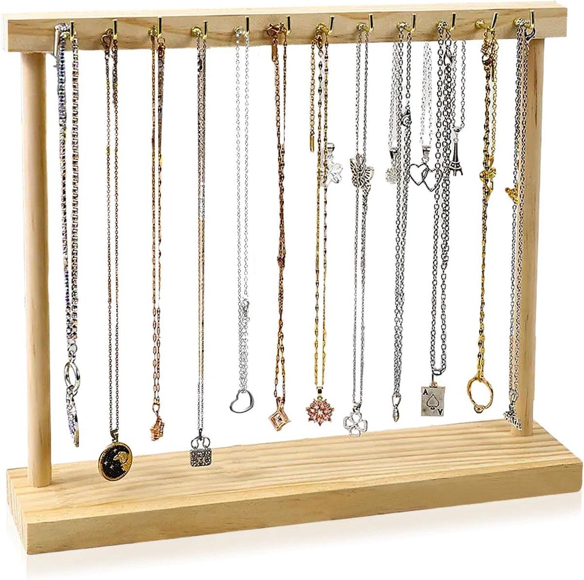 SnelShoppen - Houten Kettingstandaard Sieraden, Draagbare Sieradenhouder Armbandhouder met 12 Haakjes voor Kettingen en Een Stabiele Rechthoekige Basi