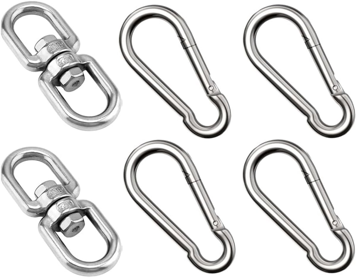 SnelShoppen - RVS Draaihaak Set van 2 Stuks - Roestvrij Staal Dubbele Draaihaak met 4 Carabiner Haken - 360 Graden Rotatie Haak voor Hangstoelen, Barb