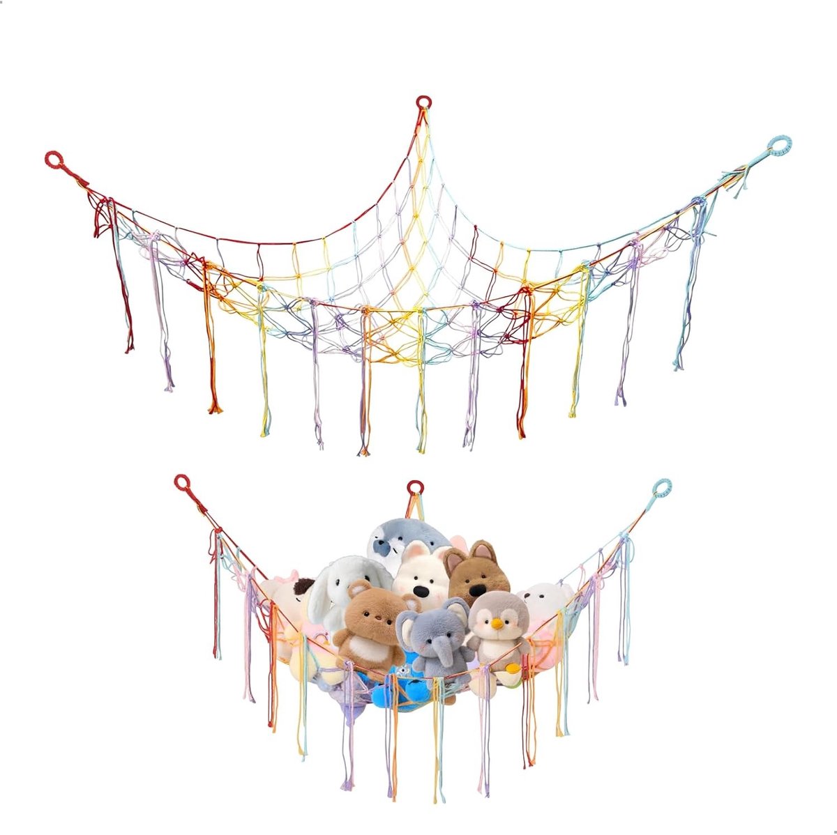 Opbergnet voor Hangende Speelgoed en Knuffels - Driehoekig Opslagsysteem met Grote Capaciteit in Boho Stijl - 100x100x150cm, Kleurrijk en Ruimtebesparend