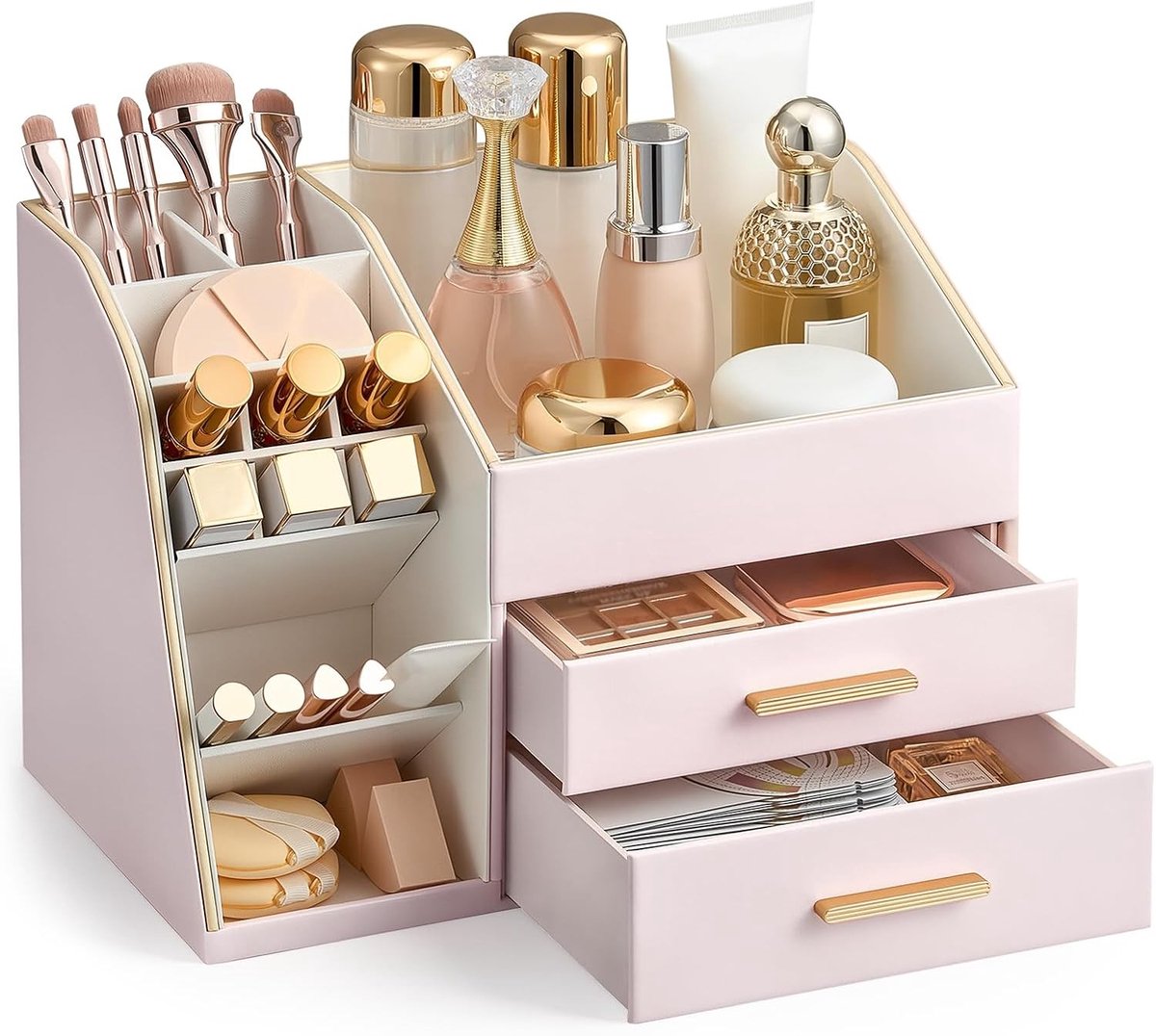 Make-up Organizer voor Aanrecht met Laden, PU Lederen Opbergdoos, 3-Laags Cosmetische Houder voor Huidverzorging, Lippenstift en Parfum, Ideaal voor Kaptafel en Vitrine