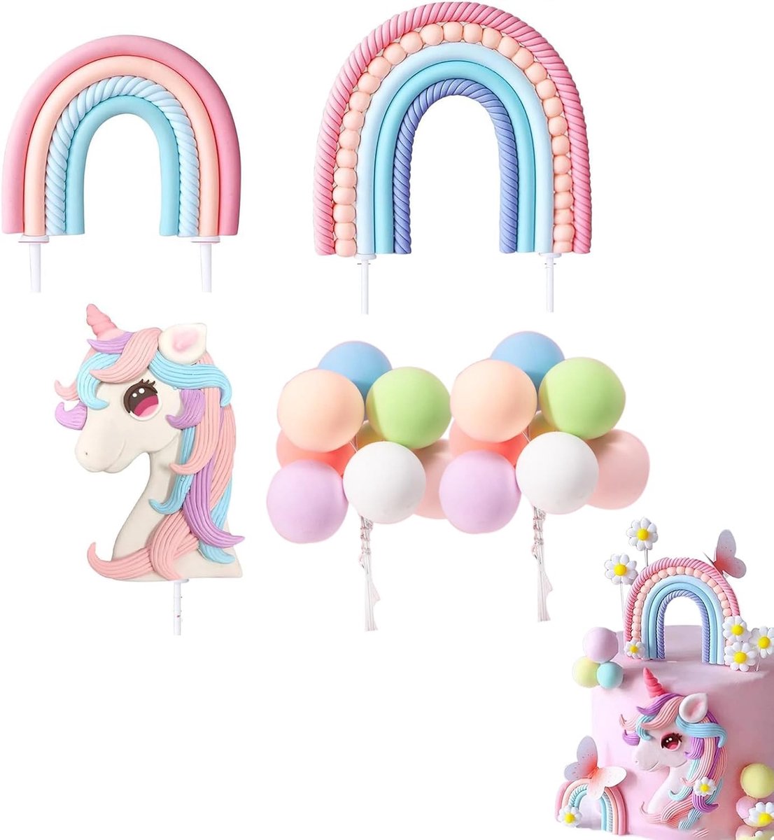 Taartdecoratie eenhoorn 19-delig - herbruikbaar polymeren klei - vrolijke regenboog - voor verjaardagen - SnelShoppen