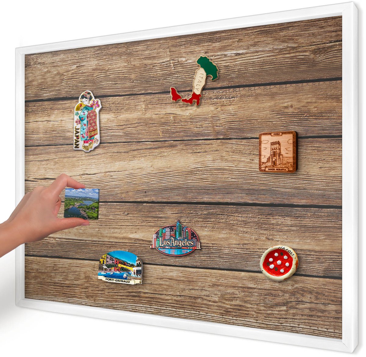 Artprintcave Bruin Magneetbord mit Witte Lijst - 70x50 cm - Houtstructuur Magneetbord Voor Foto's - Rustiek Memobord Keuken - Texturen