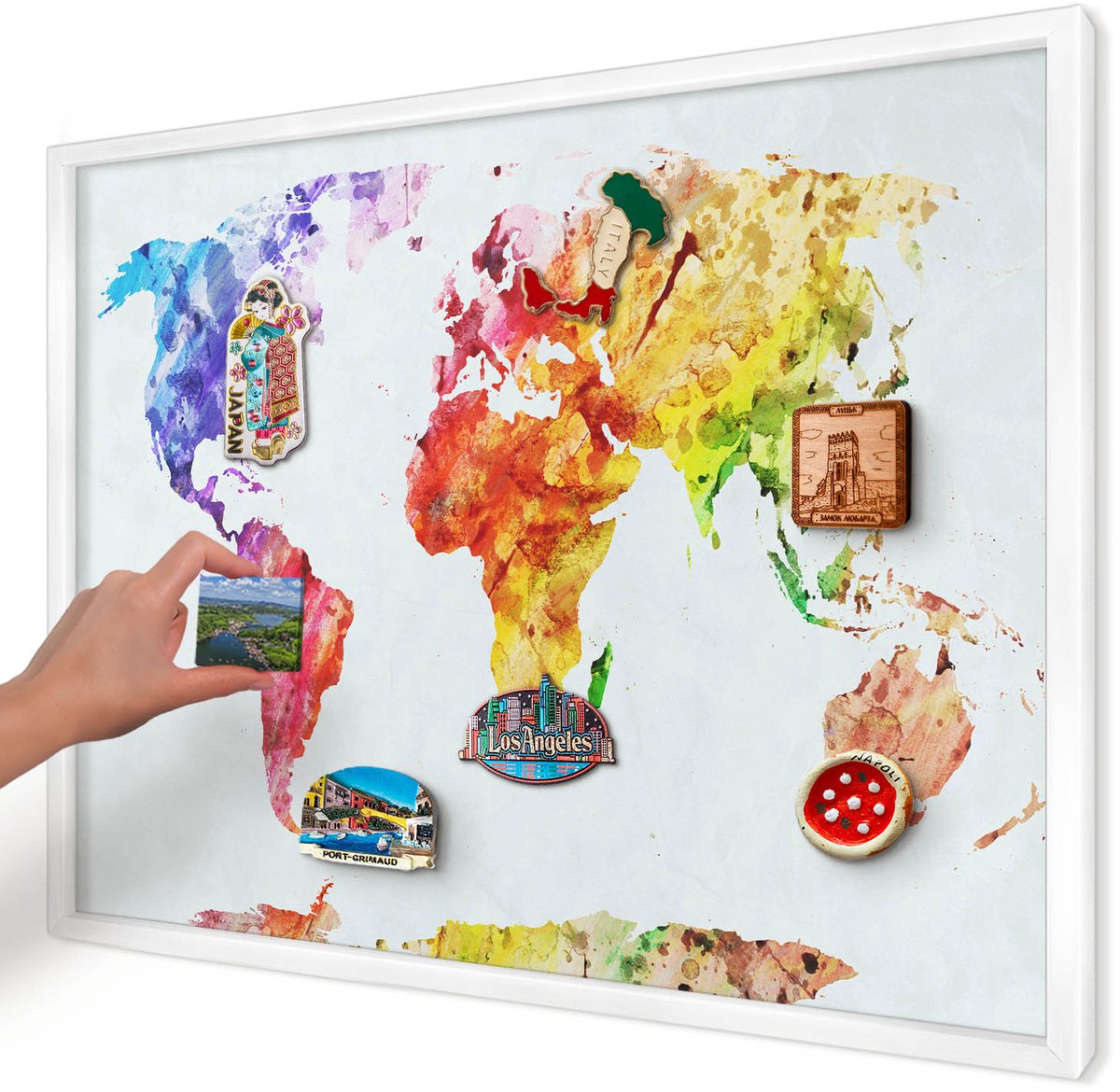 Artprintcave Geel Magneetbord mit Witte Lijst - 70x50 cm - Kleurenkaart Memobord Keuken - Waterverf Magneetbord Voor Keuken - Kaarten