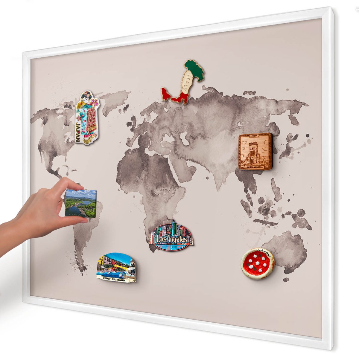 Artprintcave Bruin Magneetbord mit Witte Lijst - 80x60 cm - Wereldkaart Magnetisch Bord - Waterverf Wandbord Magnetisch - Kaarten