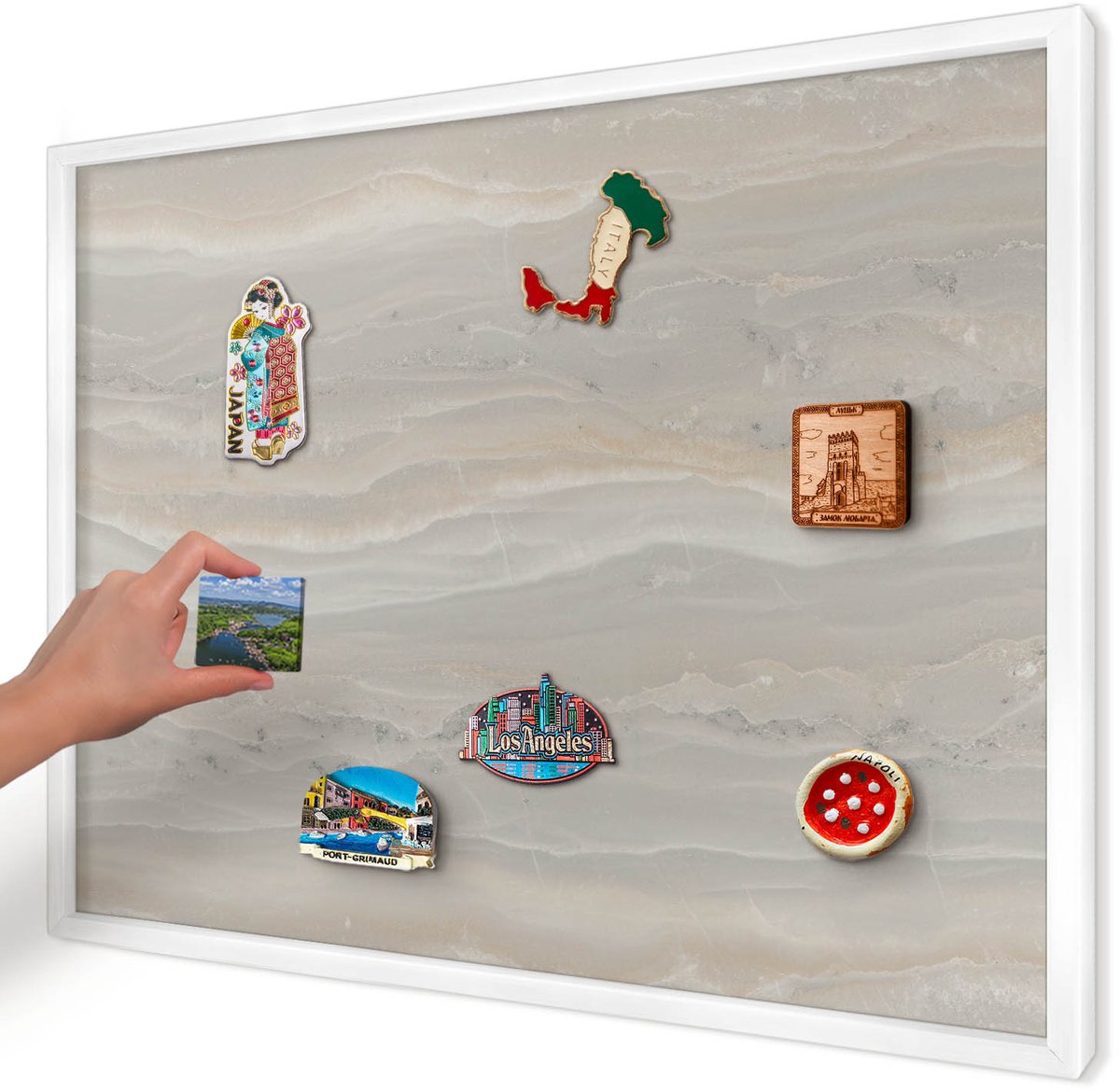 Artprintcave Grijs Magneetbord mit Witte Lijst - 70x50 cm - Marmertextuur Magneetbord Voor Foto's - Minimalist Magneetbord Voor Keuken - Texturen