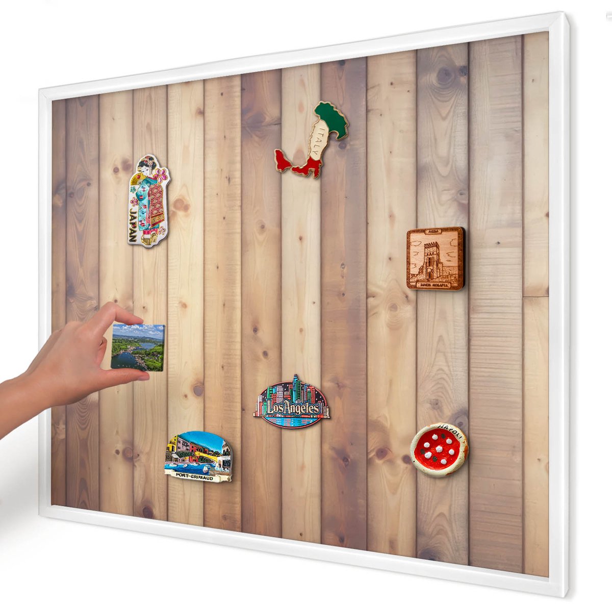 Artprintcave Bruin Magneetbord mit Witte Lijst - 80x60 cm - Houten Planken Magneetbord Voor Keuken - Rustiek Bord Voor Magneten - Texturen