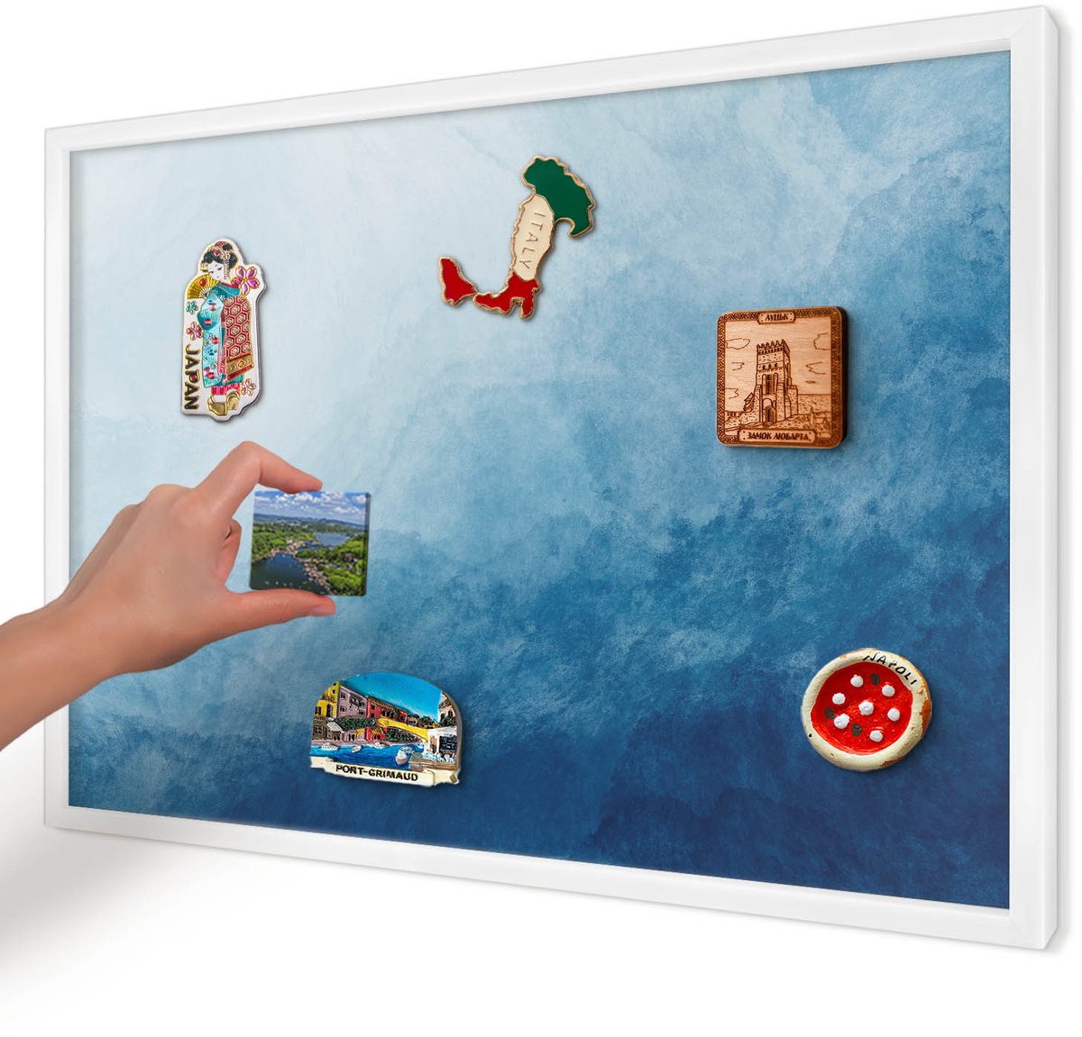 Artprintcave Blauw Magneetbord mit Witte Lijst - 60x40 cm - Blauwe Abstracties Magneetbord Voor Foto's - Abstract Memobord Keuken - Abstractie